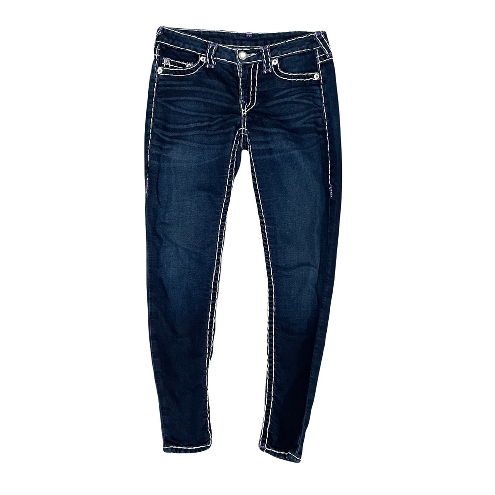 True Religion women’s size 28 skinny jeans, dark blue with thick white stitching